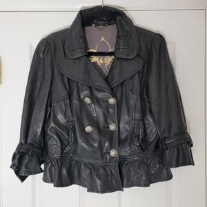 VTG GUESS Black Genuine Leather Double Breasted Ruffle Peplum Jacket Womens Sz L